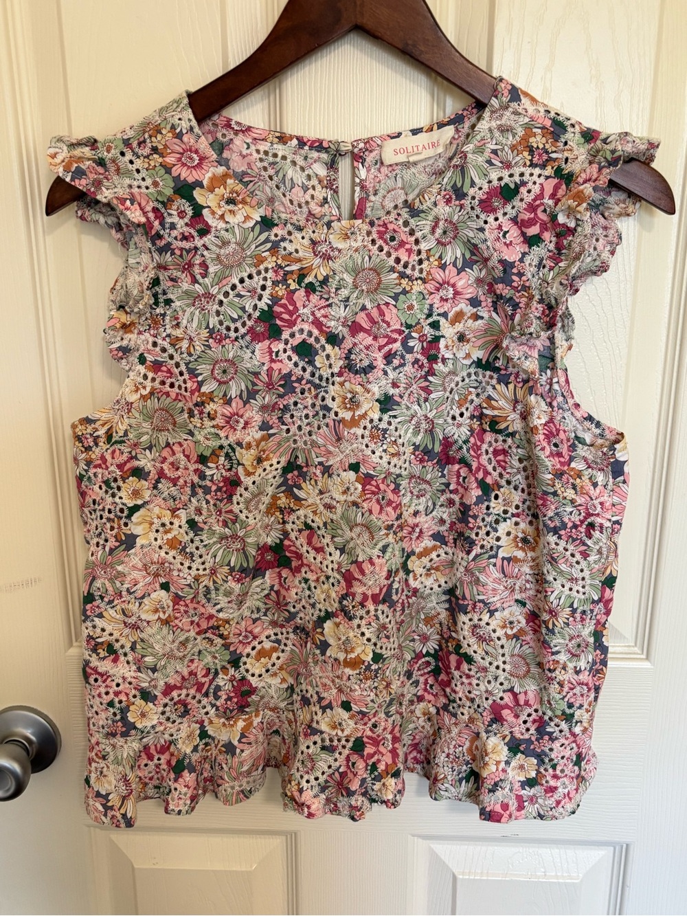 Solitaire Floral Eyelet Ruffle Top Romantic Summer Blouse Cotton Vacation